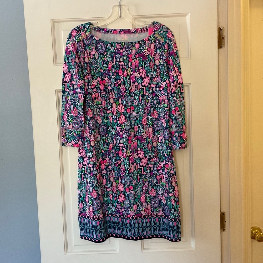 Lilly Pulitzer Sophie UPF 50+ Shift Dress Low Tide Navy Jewely Engineered S NWT